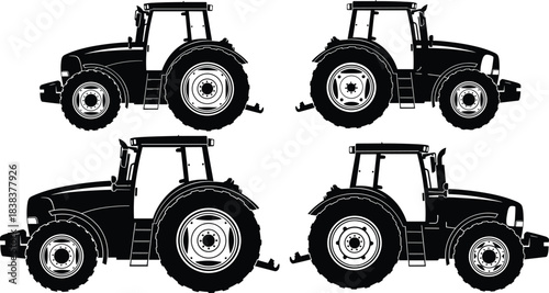 Silhouette tractors set, agricultural farm vehicles illustration, heavy machinery design, black tractor icons collection, farming equipment graphic, rural industry transportation symbols