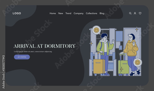 "Students Arriving at Dormitory with Luggage and Smiles"