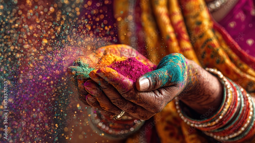 Fototapeta premium Indian woman hands releasing Holi pigments, colorful dynamic powder trails, cultural festivity and vibrant seasonal renewal