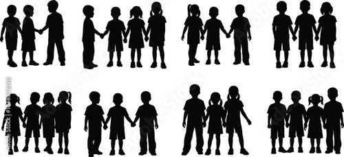 Silhouettes of children holding hands standing together, unity friendship teamwork concept, boys and girls group illustration for education community design