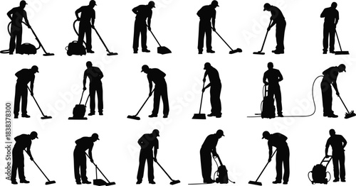 Silhouettes of people cleaning floors with vacuum, mop, broom, polisher, diverse equipment, indoor hygiene, janitorial tasks, maintenance tools, motion