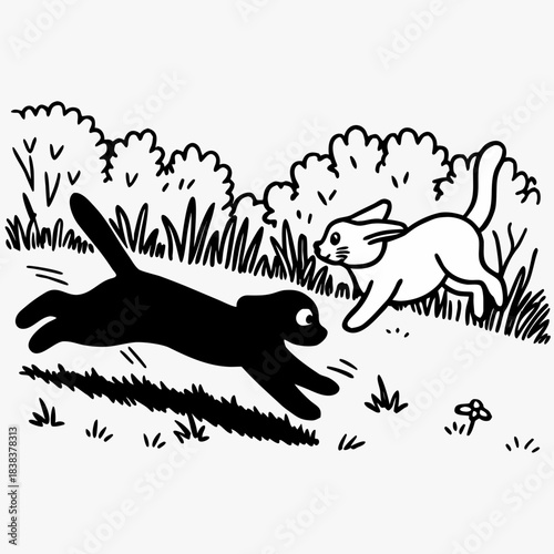 A playful black cat chases a white rabbit through a grassy field with bushes and a mushroom in the background
