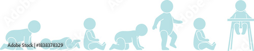 Vector illustration of baby development stages from crawling to walking and sitting, representing growth, childhood, milestones, and infant life progress.