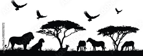 African savanna wildlife silhouette featuring lions, zebras, antelope, birds of prey, and acacia trees.