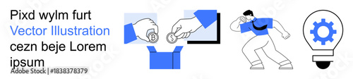 Financial transactions, teamwork, creativity, business strategies, innovation, conceptual thinking. Visual of hands exchanging coins, a person pondering lightbulb with gear. Payment and innovation