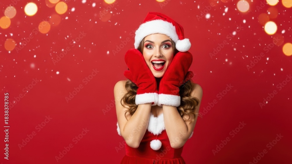 Fototapeta premium Excited young woman in Santa hat and red mittens with shocked happy expression on red bokeh background, Christmas surprise reaction