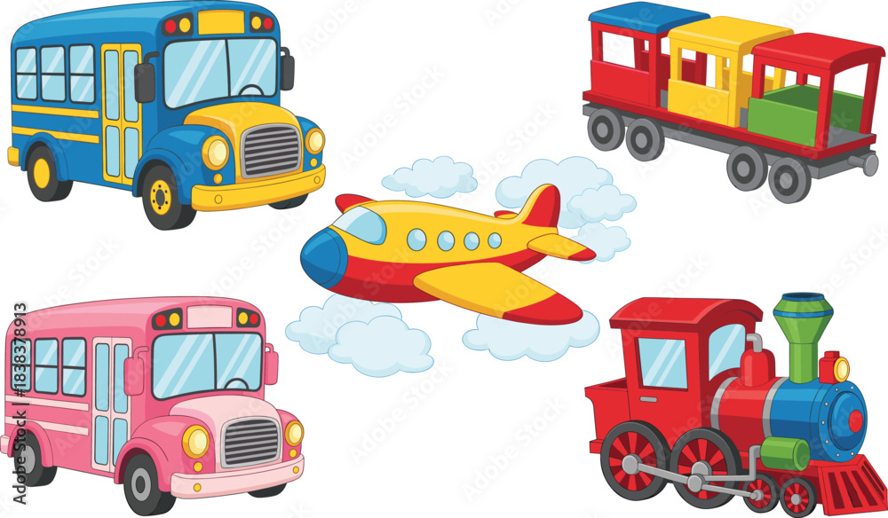 Fototapeta premium Cute transportation cartoon vector set with school buses airplane and colorful toy train illustrations
