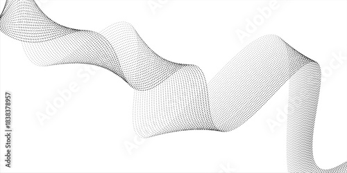 Dotted wave line background. Black halftone undulate pattern. Abstract particle flow wave wallpaper. Curved dashed gradient net design element for poser, banner, presentation, booklet, flyer. Vector