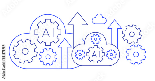 Cloud AI Developing Concepts Outline Illustration for Artificial Intelligence Cloud Computing Technology and Data Center Network System, Cyber Security Service. Engineering Automation Gear Innovation.