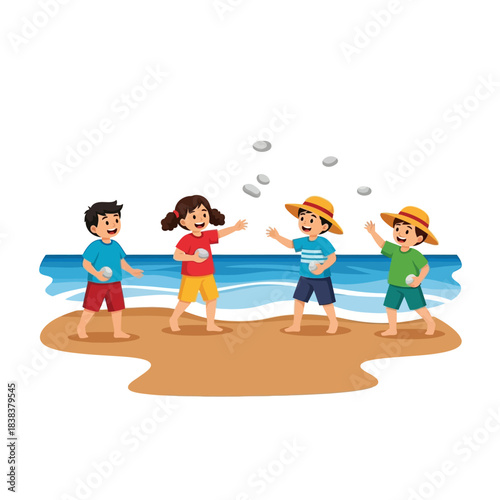 Animated children joyfully throwing stones on a sandy beach by the wavy ocean water under the sun