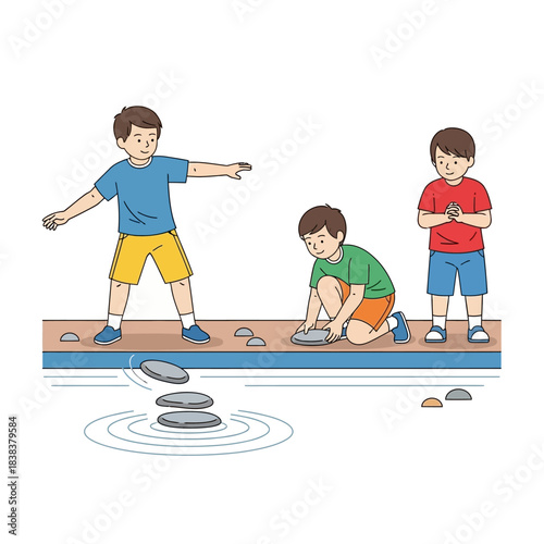 Children throwing stones into a tranquil stream showcasing youthful playfulness and leisure