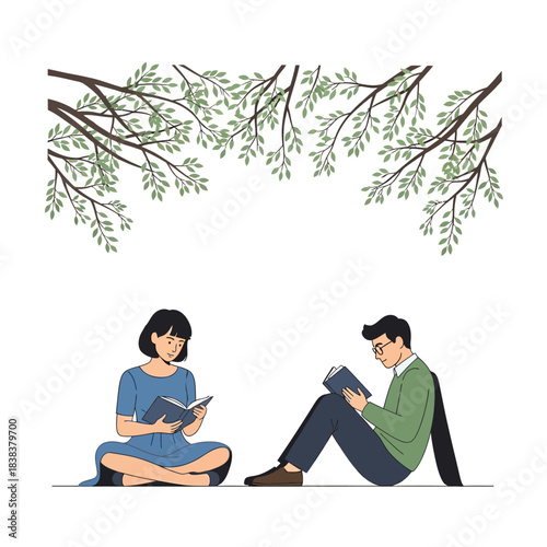 Couple reading books outdoors under leafy branches evokes a sense of tranquility and intellectual