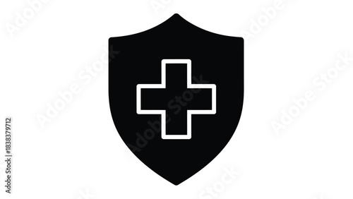 Black shield icon with a white swiss cross symbol security and protection