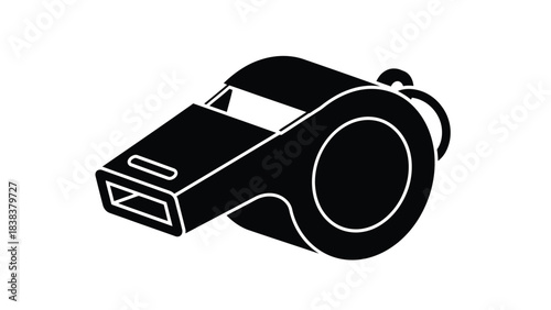 A simple black and white illustration of a sports referee whistle