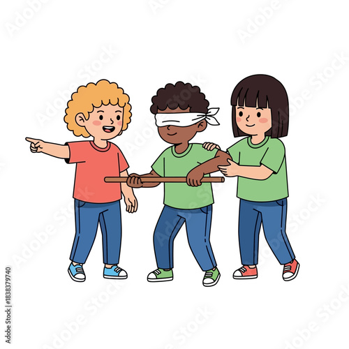Children playing blindfolded game, teamwork and coordination for fun activities and games