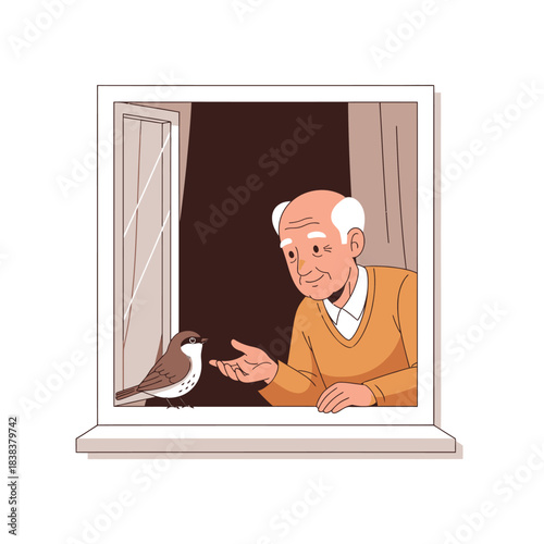 An elderly man affectionately bonding with a small bird perched on a window sill at home