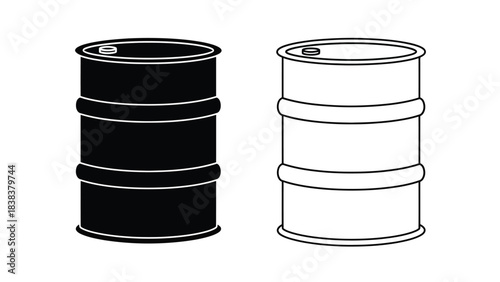 Two industrial barrels illustrated in contrasting black and white line art