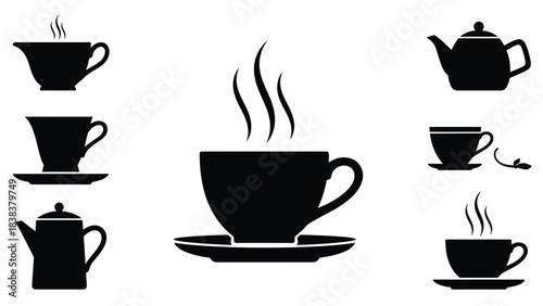 Black and white illustration of various teacups pots and steaming beverages