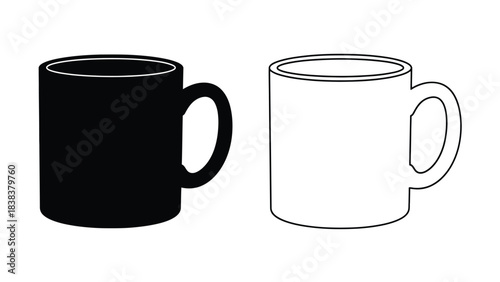 Two contrasting coffee mugs a solid black one and an outlined white one