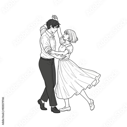 Sketch depicting a young couple sharing an intimate dance with graceful movements