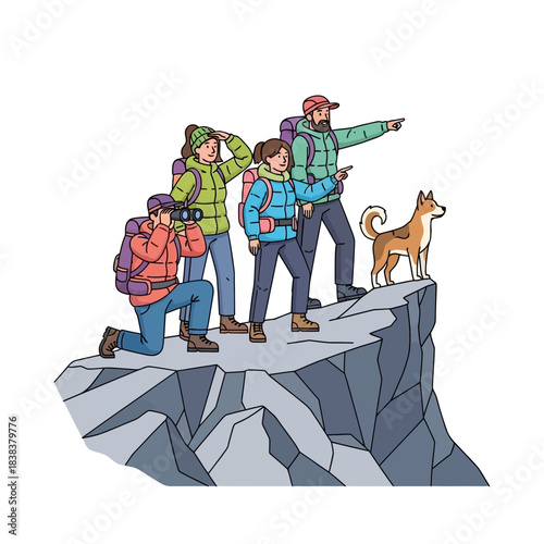 Illustration of a family enjoying a scenic outdoor adventure with their dog on a rocky peak