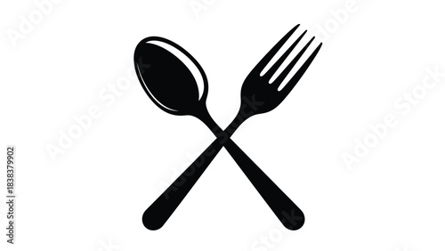 A simple black and white illustration depicting a crossed spoon and fork