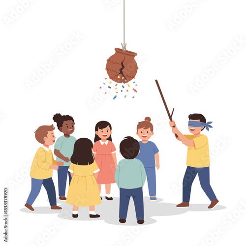 Joyful children participate in a pi?ata game creating festive merriment and excitement