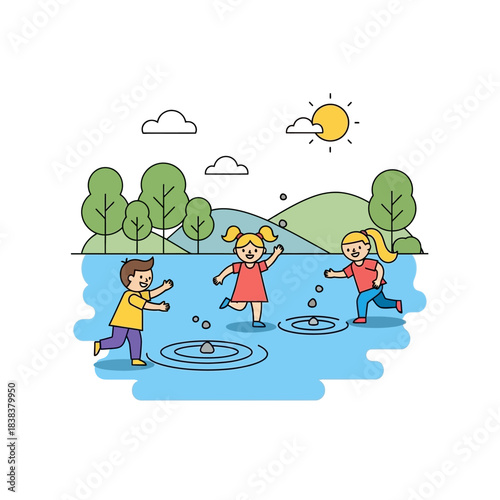 Joyful children playing with splashing stones on a serene summer day outdoors carefree