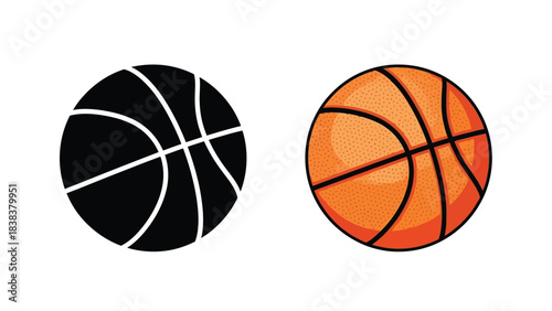 Two basketballs displayed one in monochrome the other in vibrant orange