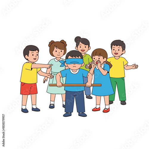 Animated Children Engaging in a Blindfolded Game Outdoors in a Playful Setting