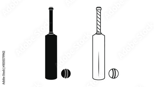 Black and white illustration of cricket bats and balls a sporty scene