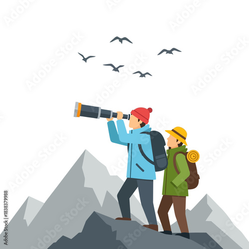 Adventurous couple exploring mountainous terrain using a telescope, under a flock of birds, vector