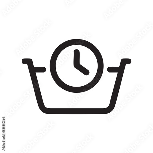 A simple black and white line drawing depicts a laundry basket with a clock face inside it