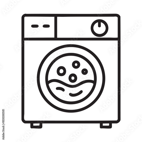 A simple black and white line drawing depicting a front loading washing machine with detailed features