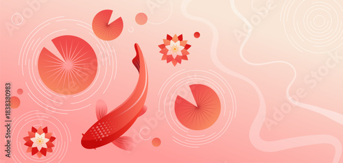 Modern Chinese watercolor background with koi fish and flowers