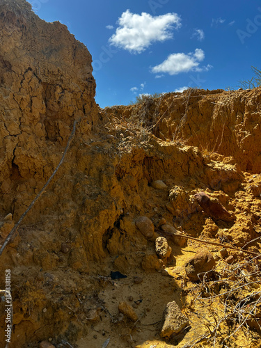 View from below a cliff in the rocky sea