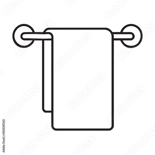 A simple black and white line drawing depicts a folded towel hanging on a metal bathroom rack