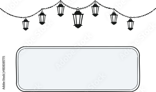 Black silhouette string lights with lanterns above a white rectangular text box