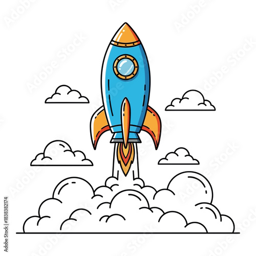 Blue and orange rocket launching through clouds silhouette