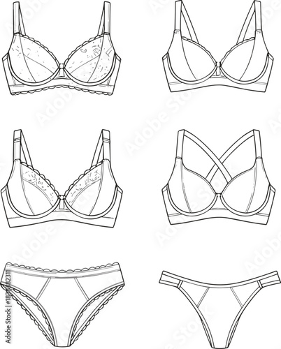 Detailed lingerie vector illustration showcasing multiple bra and panty designs with lace accents, technical fashion outlines, and intimate apparel templates.