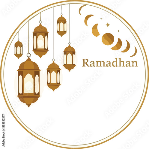Circular graphic with hanging lanterns moon phases and Ramadhan text