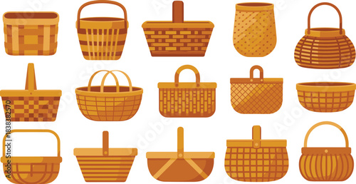 Basket icon set, woven container illustrations, wicker and rattan designs, storage basket graphics, traditional craft silhouette collection
