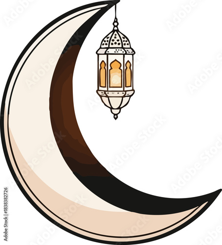 Crescent moon with a hanging ornate Islamicstyle lantern