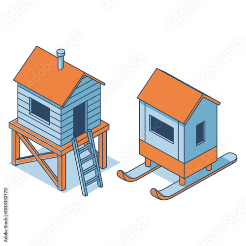 Isometric illustration of two small wooden cabins one on stilts and one on skis for remote living