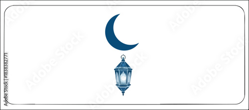 Dark blue crescent moon above a hanging ornate lantern on a white background