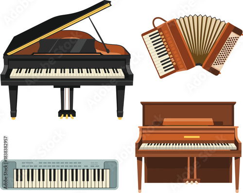 Keyboard instrument icon set, piano and accordion graphics, digital keyboard illustration, musical instrument collection, music design elements