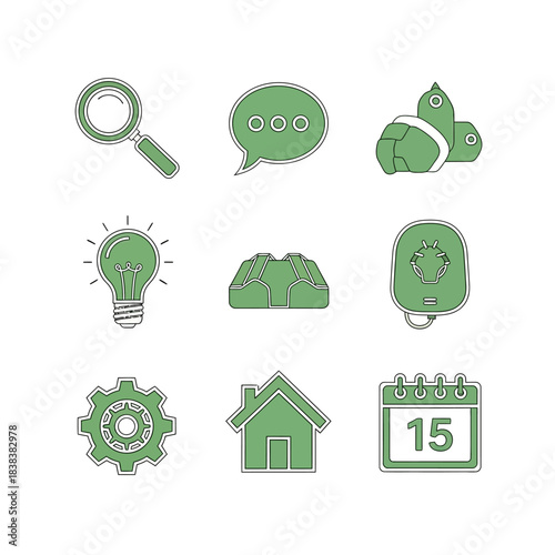 Sketch-style green icons depicting concepts for various digital applications and platforms