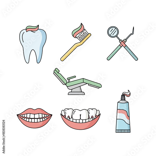 Illustrated dental care essentials showcasing tools, teeth and oral hygiene equipment for healthy