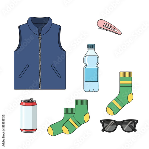 Clothing and accessories for an outdoor activity concept featuring simple design elements