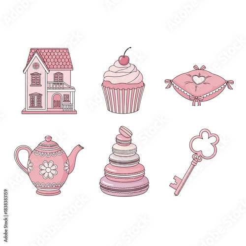 Pink hued whimsical objects collection against white backdrop evokes dreamy fairytales and